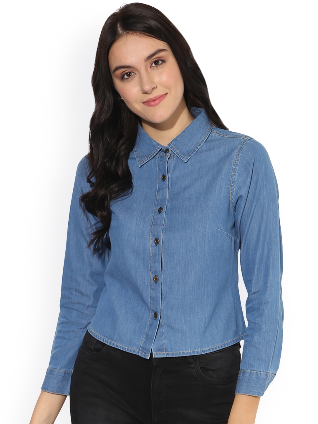 Buy Heather Hues Women Blue Standard Regular Fit Solid Casual Shirt ...