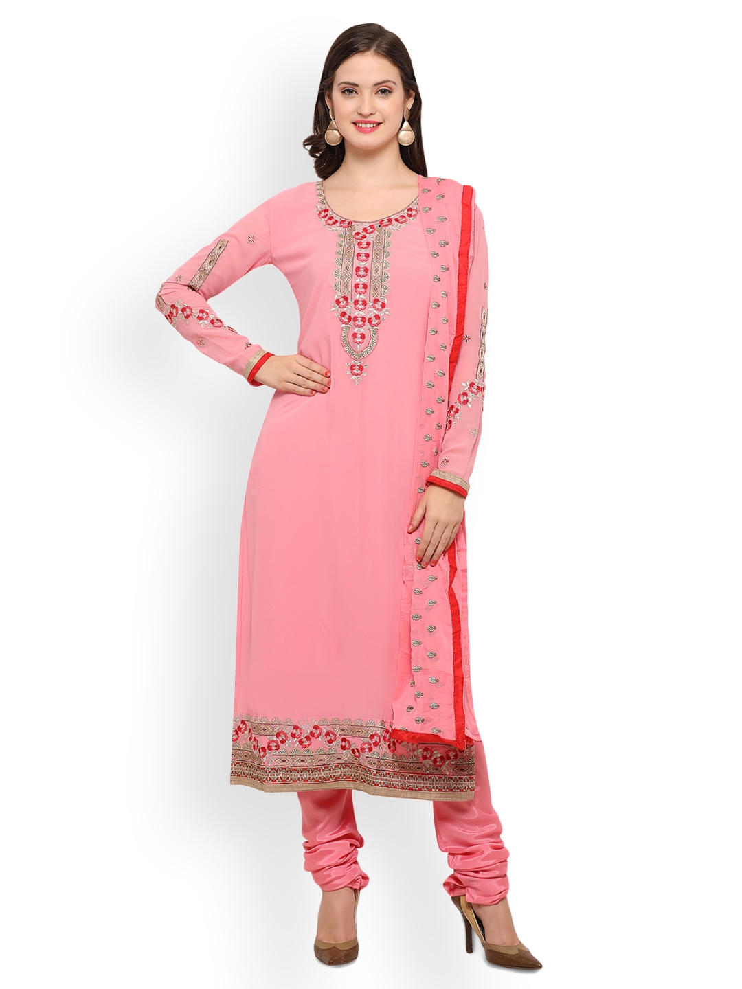 Buy Mf Pink Poly Georgette Embroidered Unstitched Dress Material Dress Material For Women