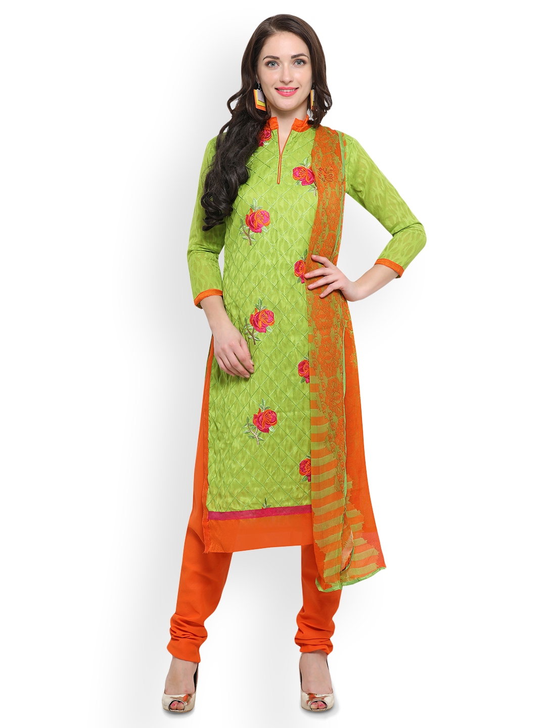 Buy Mf Green & Orange Pure Cotton Embroidered Unstitched Dress Material ...
