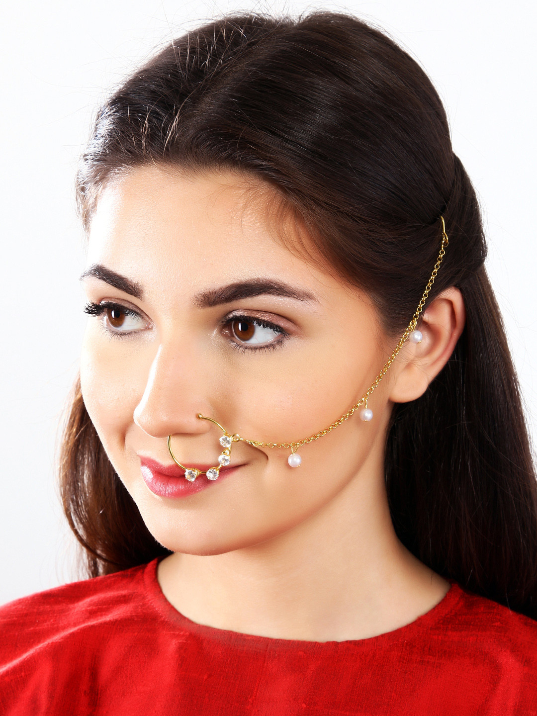 Buy Rubans Gold Plated Pearl Studded Nose Ring Nosepin for Women