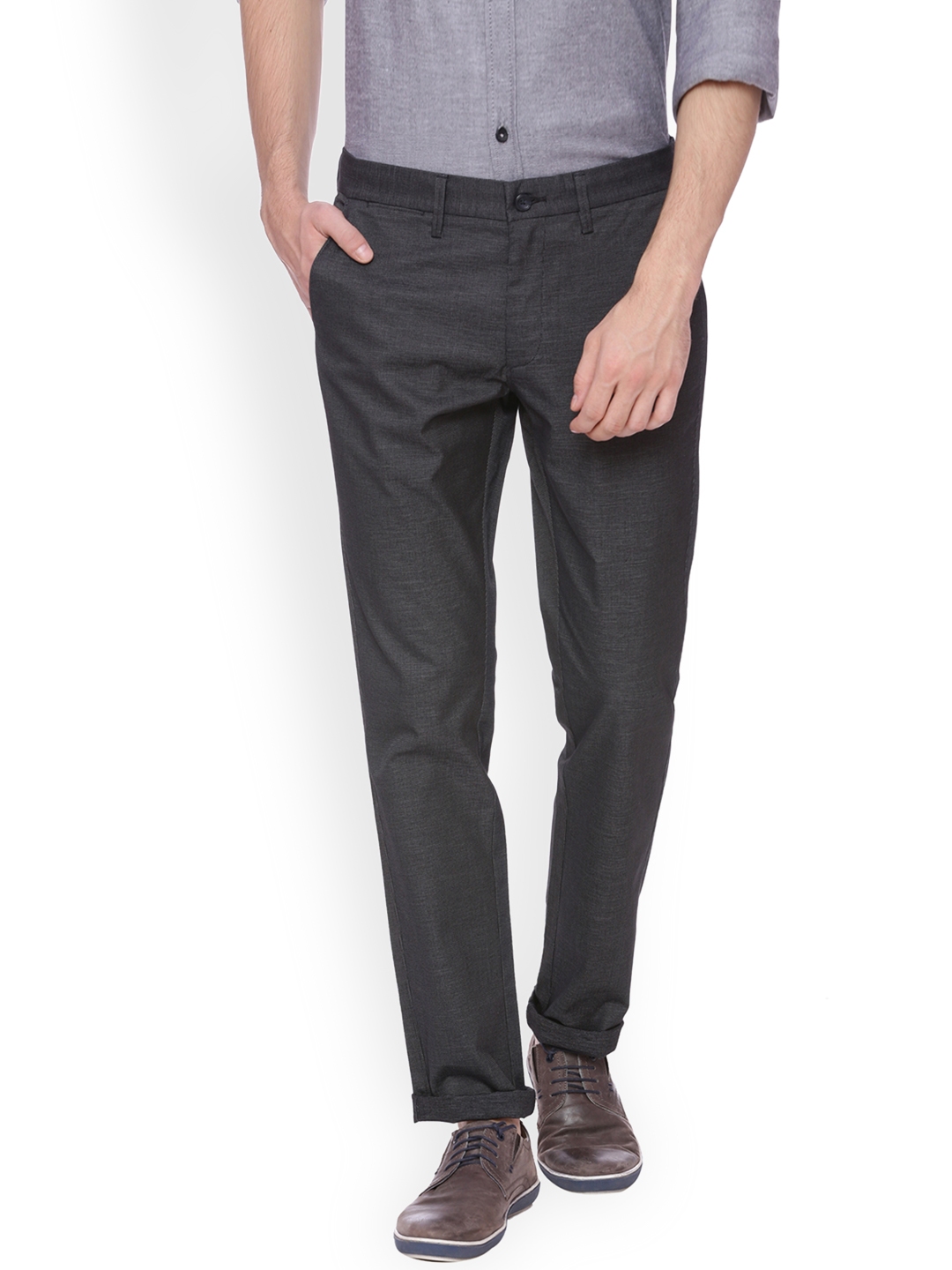 Buy Basics Men Charcoal Regular Fit Solid Stretchable Formal Trousers ...