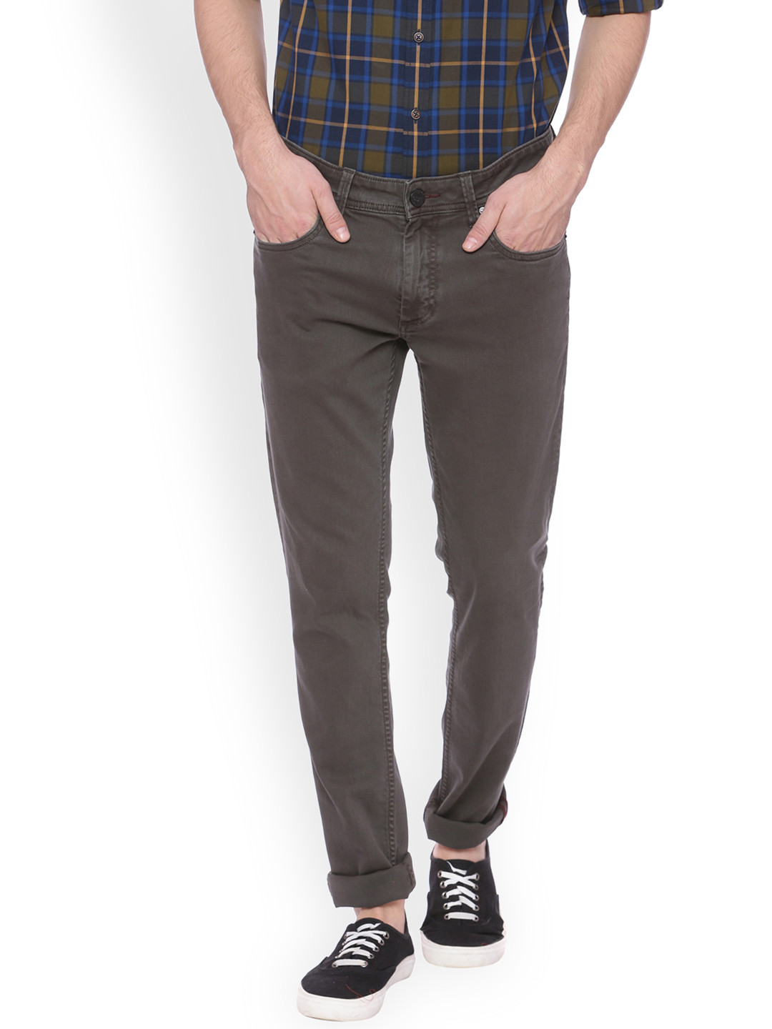 Buy Basics Men Olive Green Regular Fit Mid Rise Clean Look Stretchable