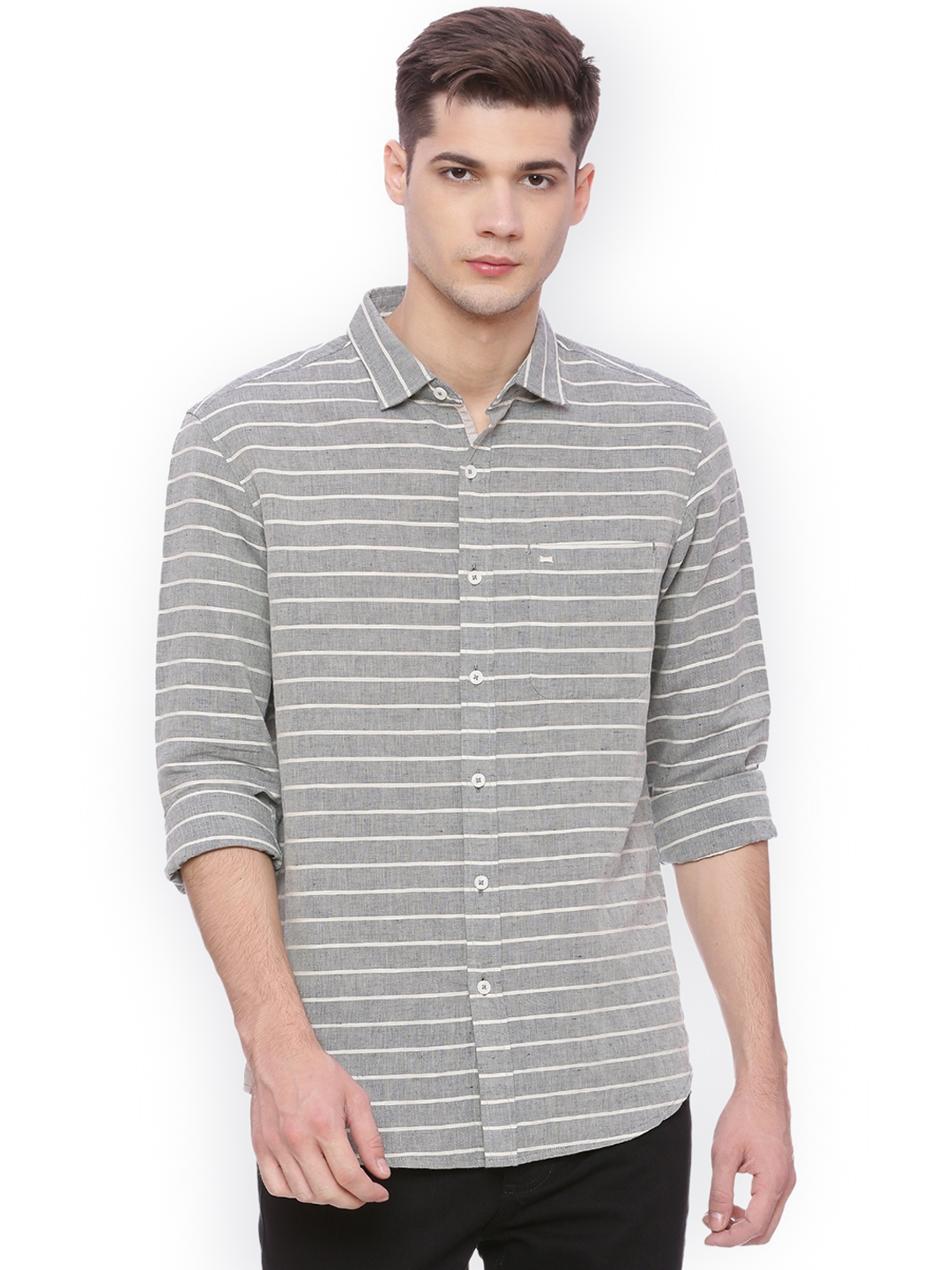 Buy Basics Men Pista Green Slim Fit Striped Casual Shirt - Shirts for ...
