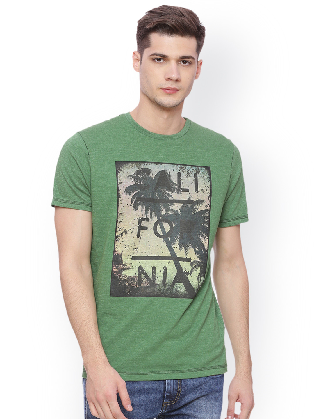 Buy Basics Men Green Printed Round Neck T Shirt Tshirts for Men