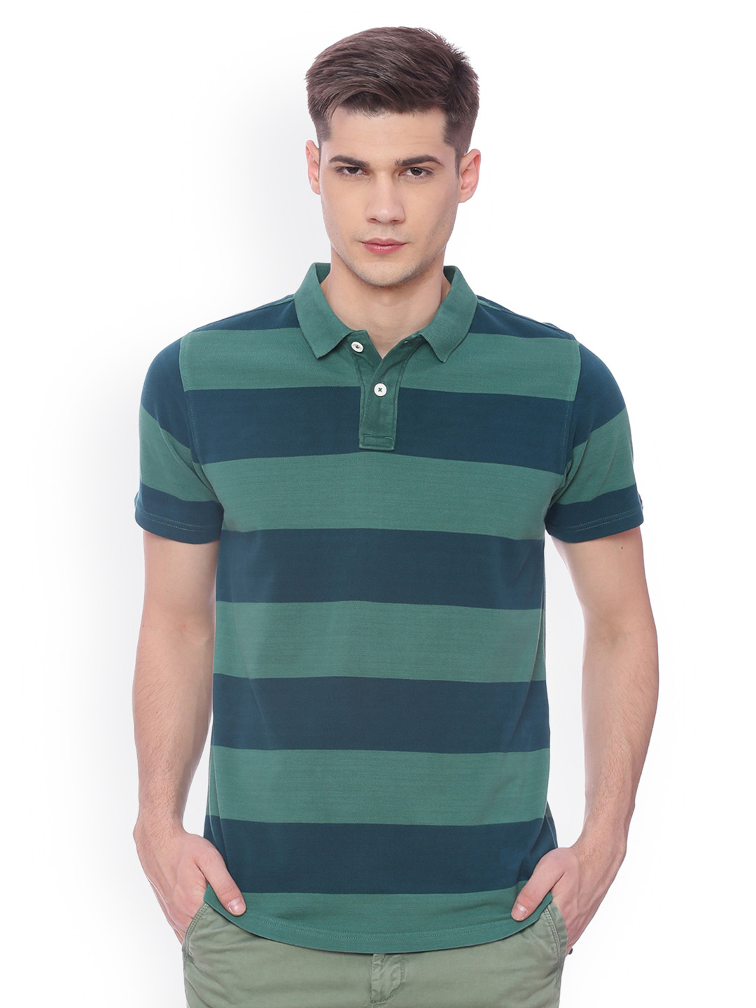 Men's Green Vertical Striped Polo Collar T-Shirt