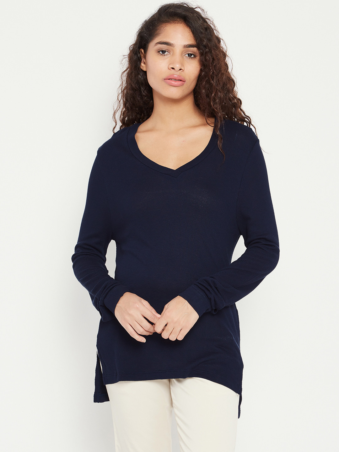 Buy Cottonworld Women Navy Blue Solid V Neck T Shirt - Tshirts for ...