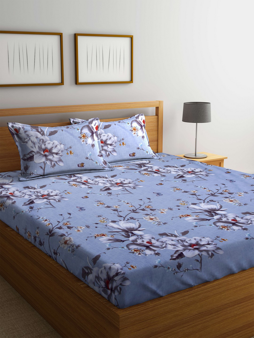 Buy STELLAR HOME Blue & Grey Flat 124 TC Polyester 1 Queen Bedsheet