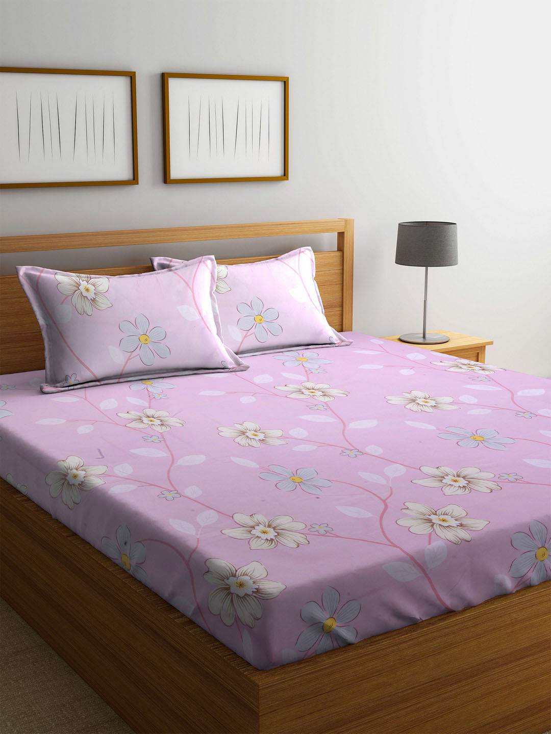 Buy STELLAR HOME Pink Flat 124 TC Polyester 1 Queen Bedsheet With 2
