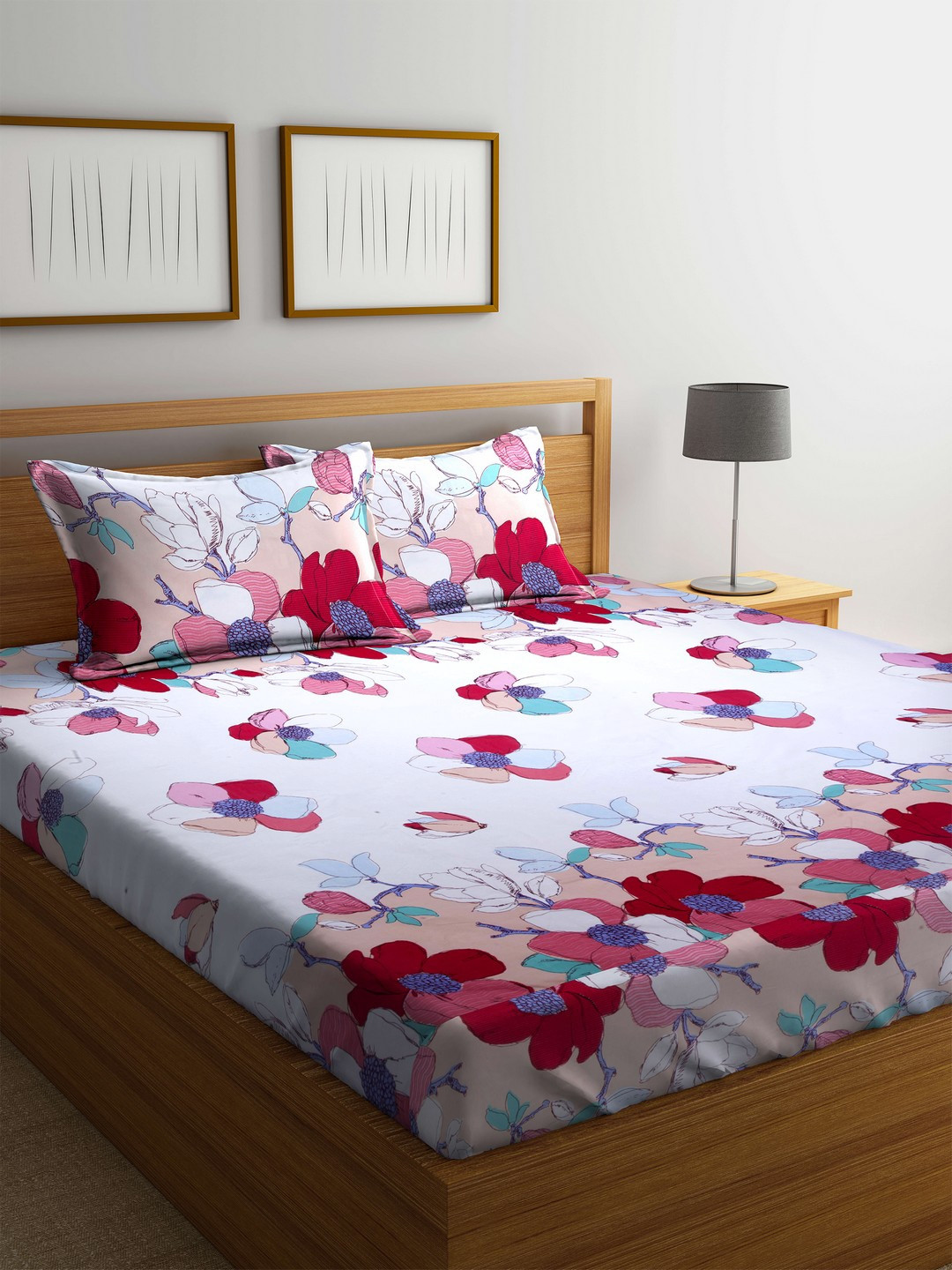 Buy STELLAR HOME Pink Flat 124 TC Polyester 1 Queen Bedsheet With 2