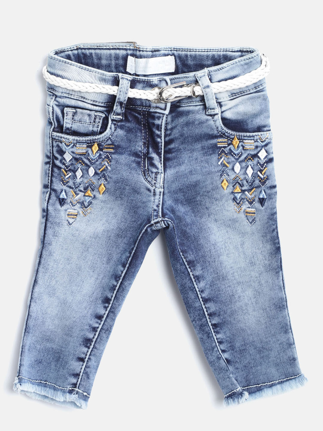 Buy Tiny Girl Blue Washed Embroidered Denim Capris Capris for Girls