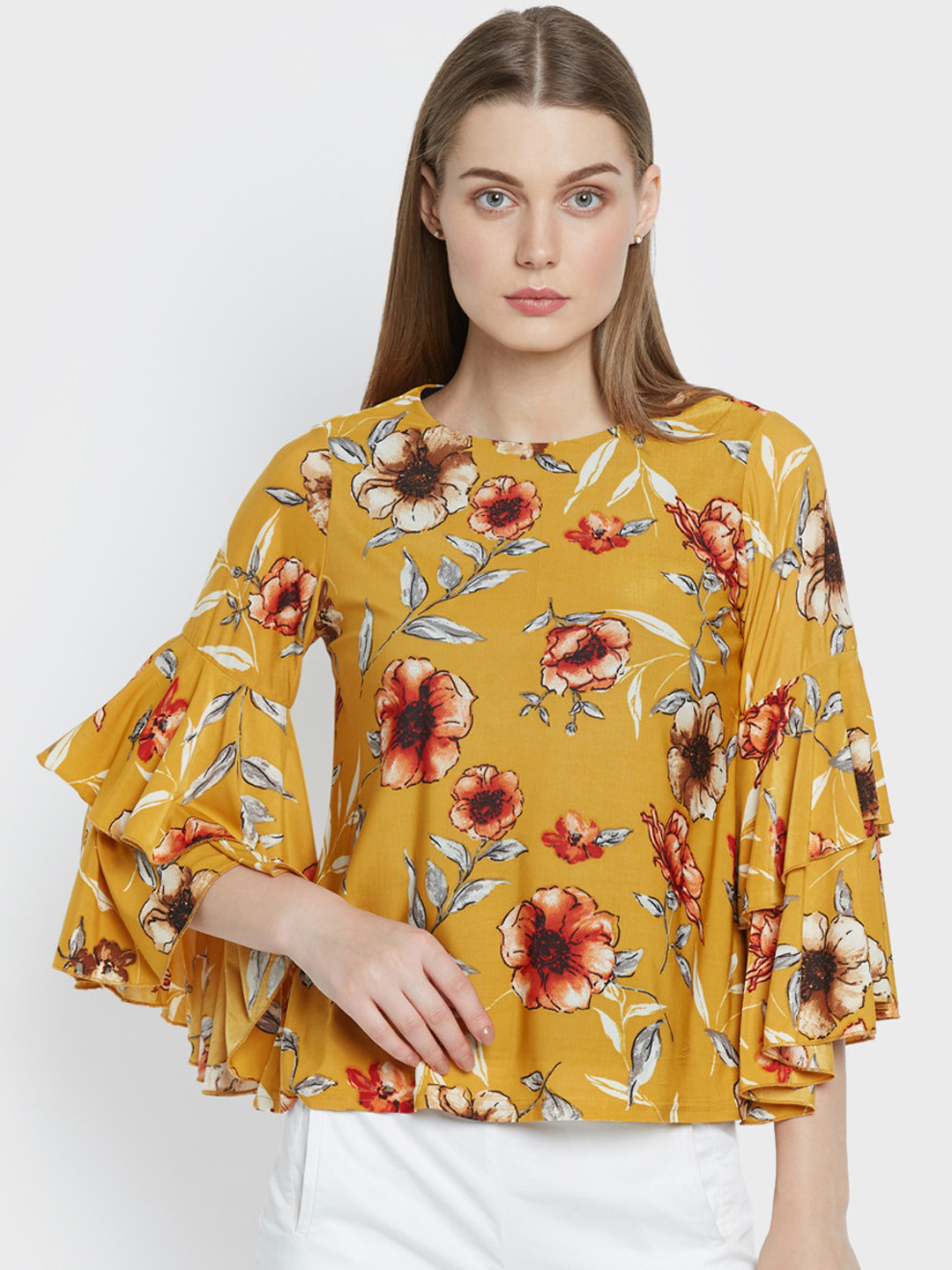 Buy AND Women Mustard Yellow Floral Printed Top Tops for Women