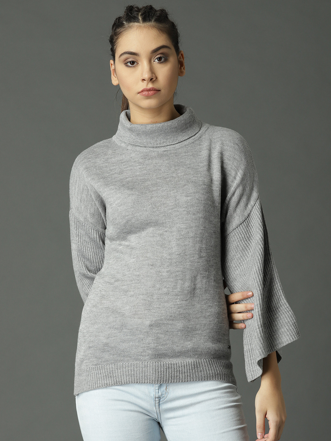 Buy Roadster Women Grey Melange Solid Sweater Sweaters for Women