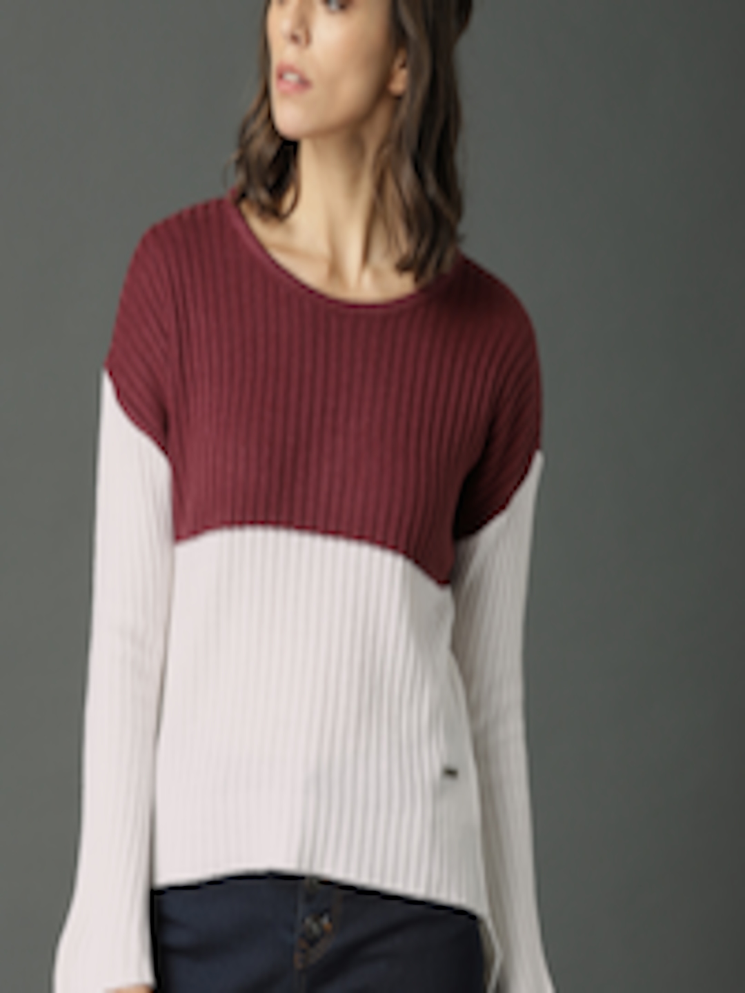 Buy Roadster Women Maroon & White Striped Pullover - Sweaters for Women ...