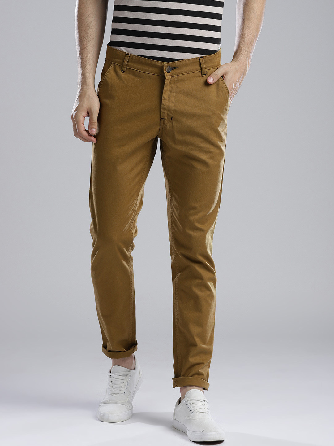 Buy Hubberholme Men Mustard Tapered Fit Solid Regular Trousers