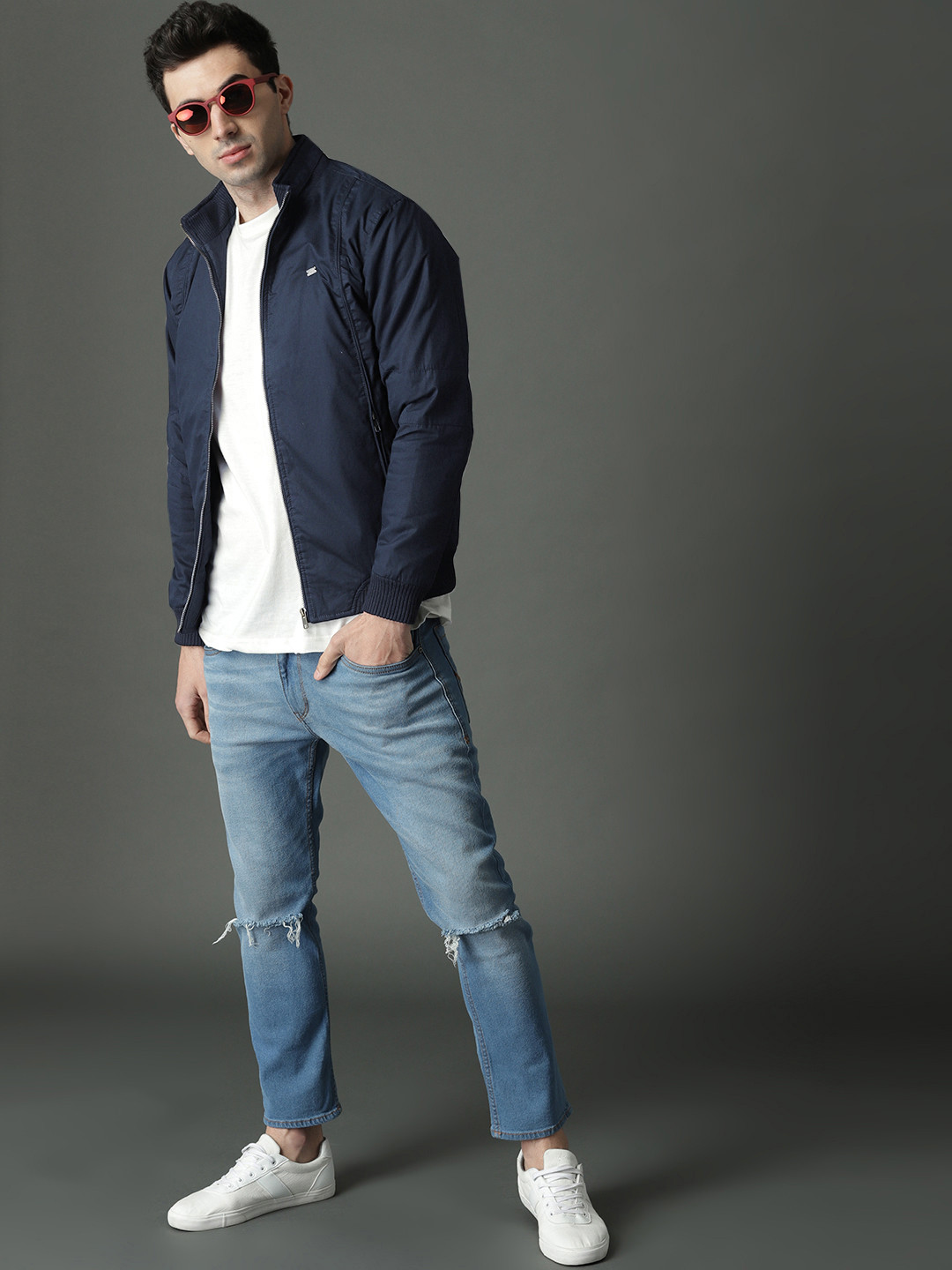 Men Navy Blue Bomber Jacket main image 1
