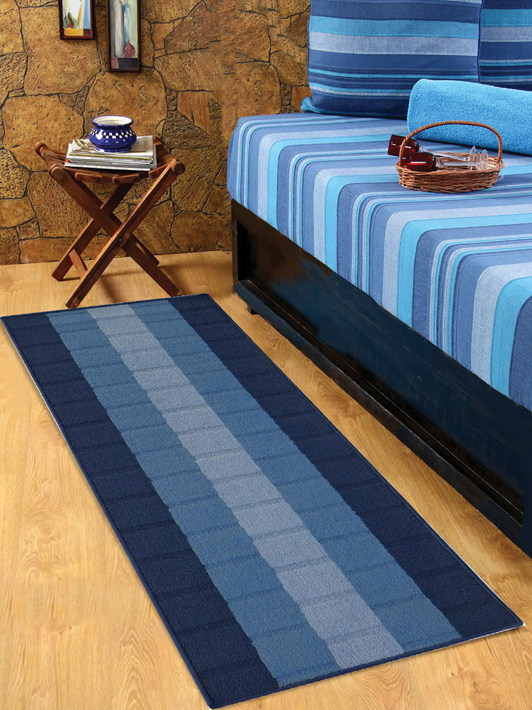 Buy Status Blue Striped 57 Cm X 140 Cm Bedside Runner Runners for