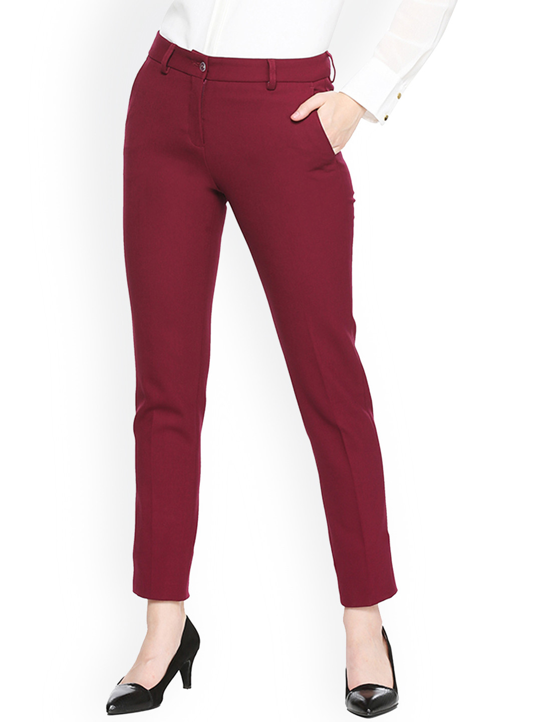 Women Maroon Solid Regular Trousers main image 0