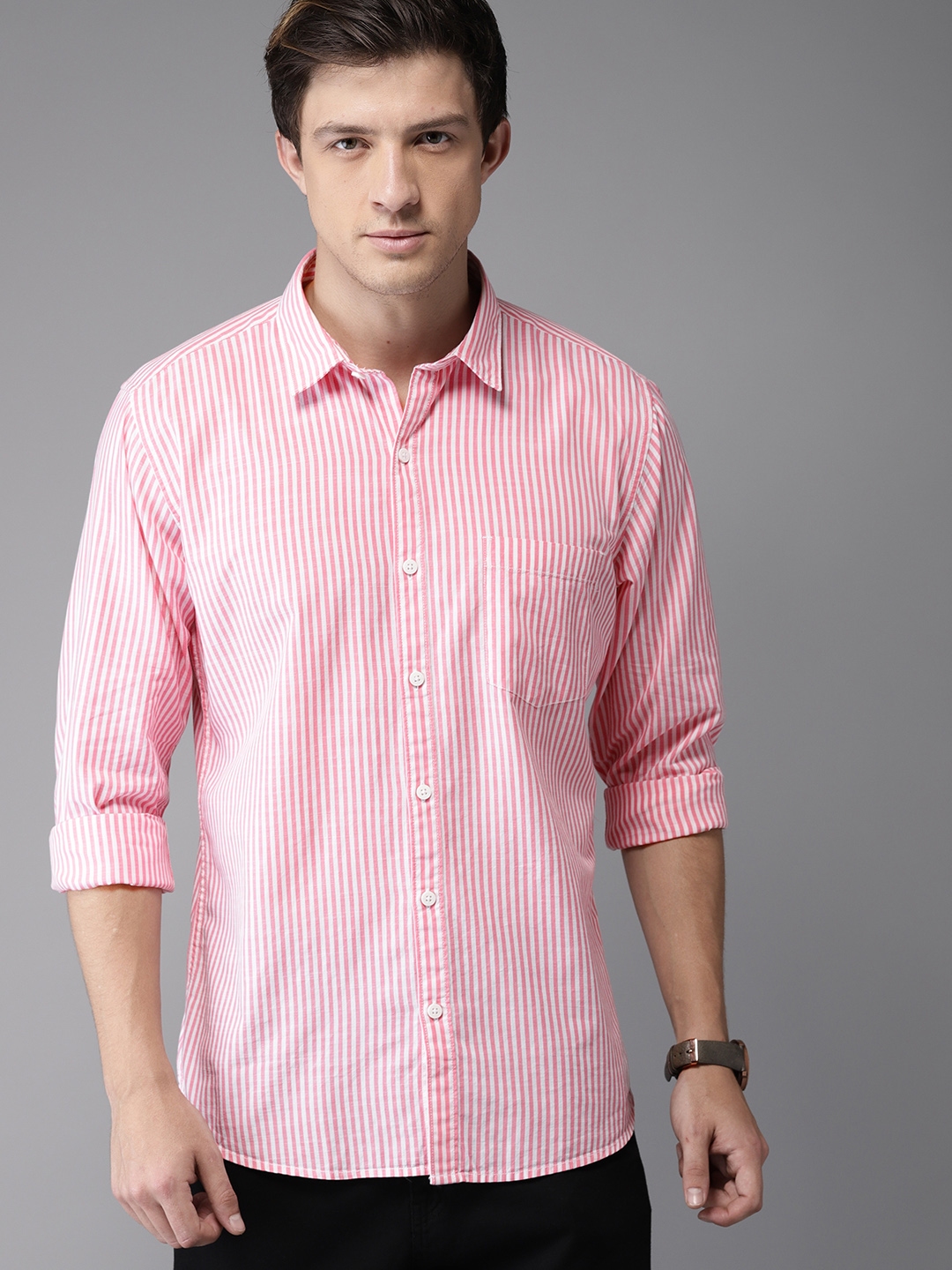 Buy Moda Rapido Men Pink & White Striped Casual Shirt - Shirts for Men ...