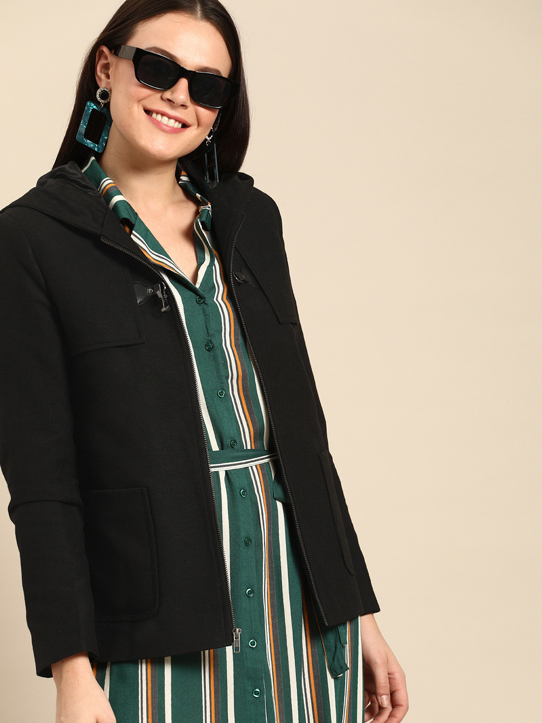 Buy DressBerry Women Balck Solid Tailored Woollen Jacket With Buckle