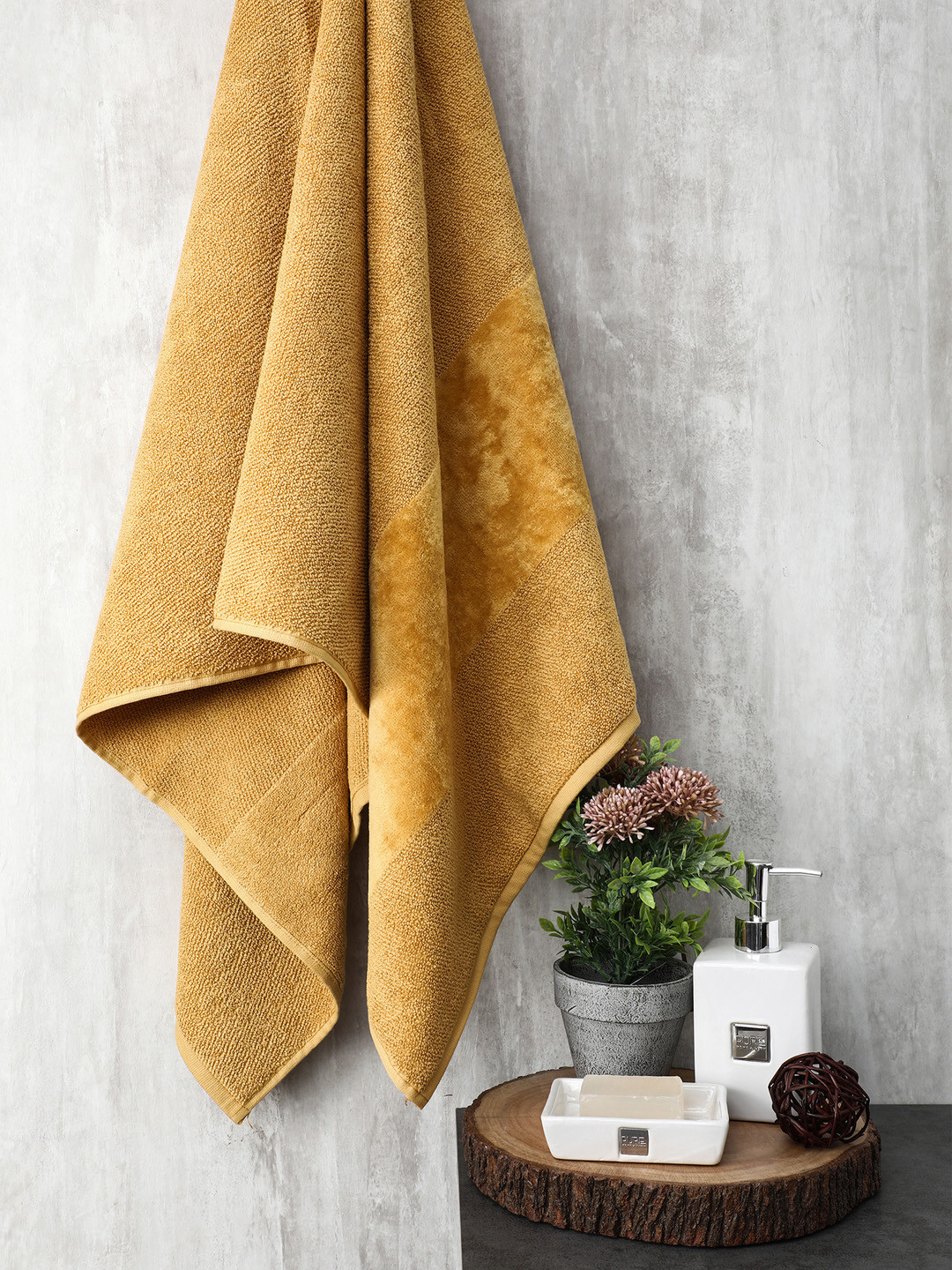 Buy Pure Home And Living Mustard Yellow Solid Cotton 555 GSM Bath Towel