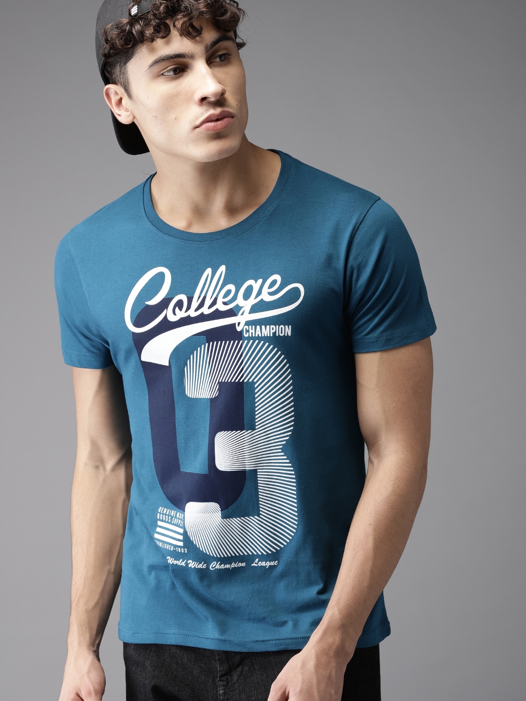 Buy HERENOW Men Teal Blue Printed Round Neck Pure Cotton T Shirt ...