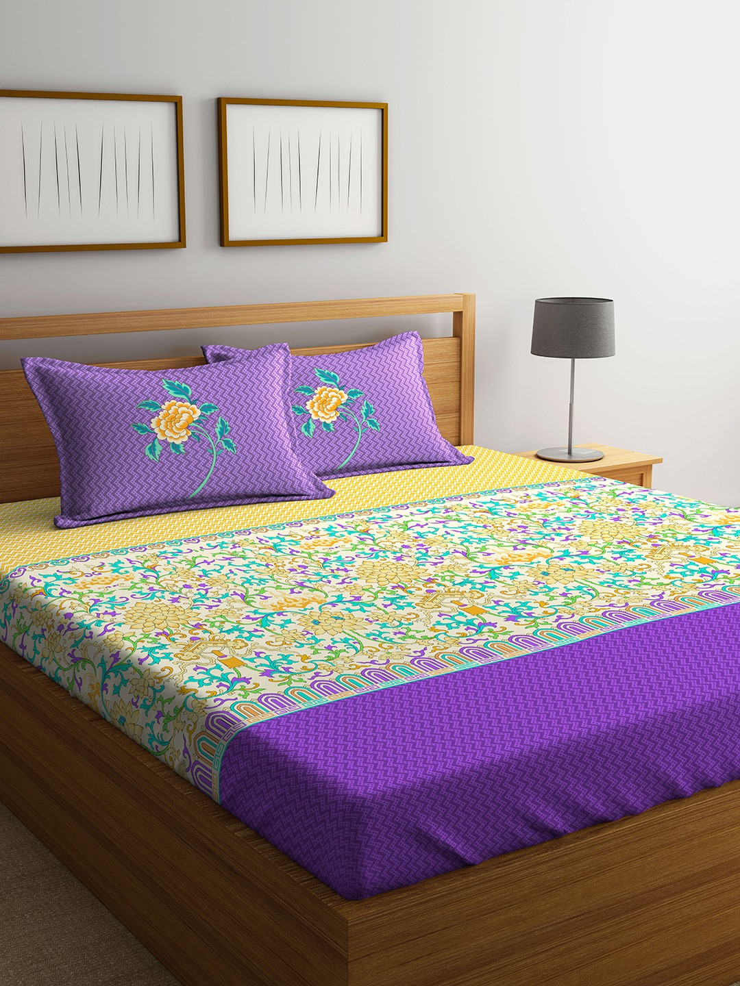 Buy Portico New York Purple & Green Solid Flat 144 TC Cotton 1 Extra