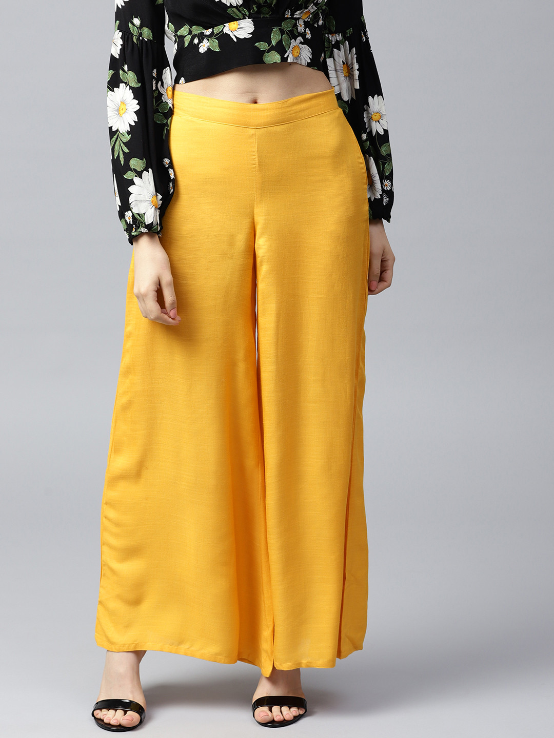 Buy AKS Women Mustard Yellow Wide Leg Solid Palazzos Palazzos for