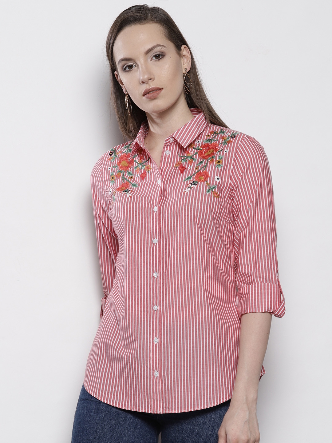 Buy DOROTHY PERKINS Women Red & White Regular Fit Striped Casual Shirt ...