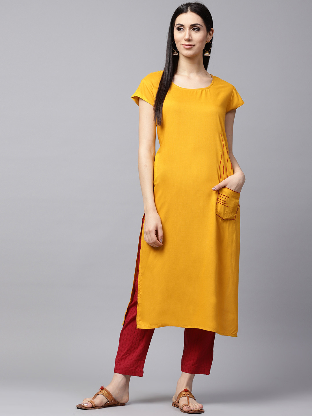 Aks women mustard solid straight kurta Clearance