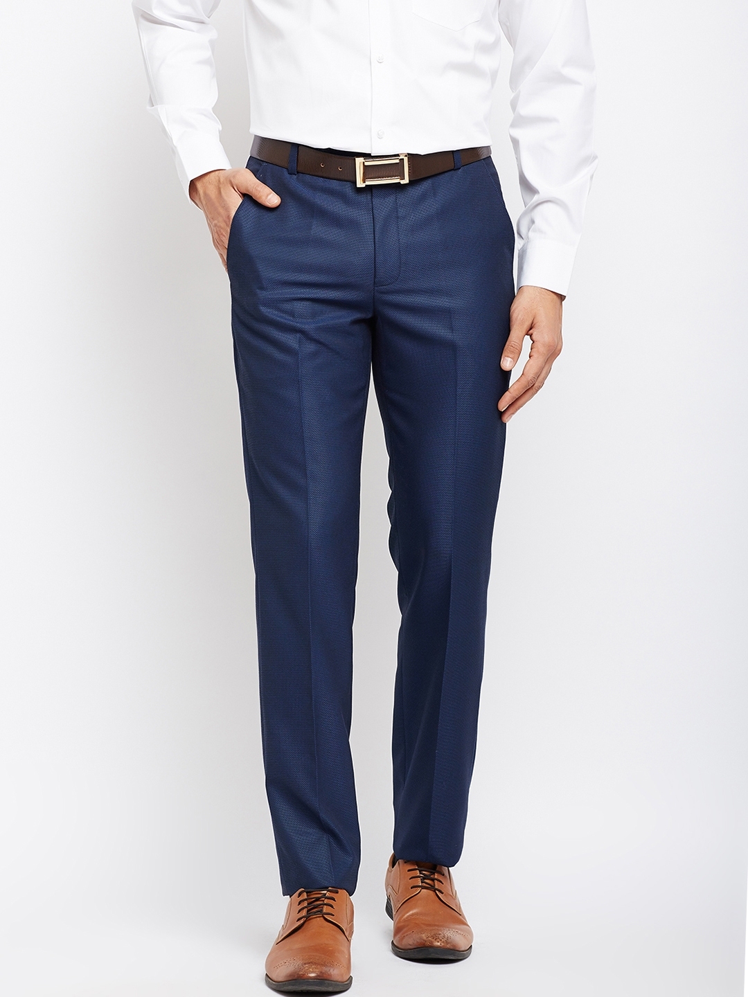 Buy LaMODE Men Blue Comfort Regular Fit Solid Formal Trousers ...