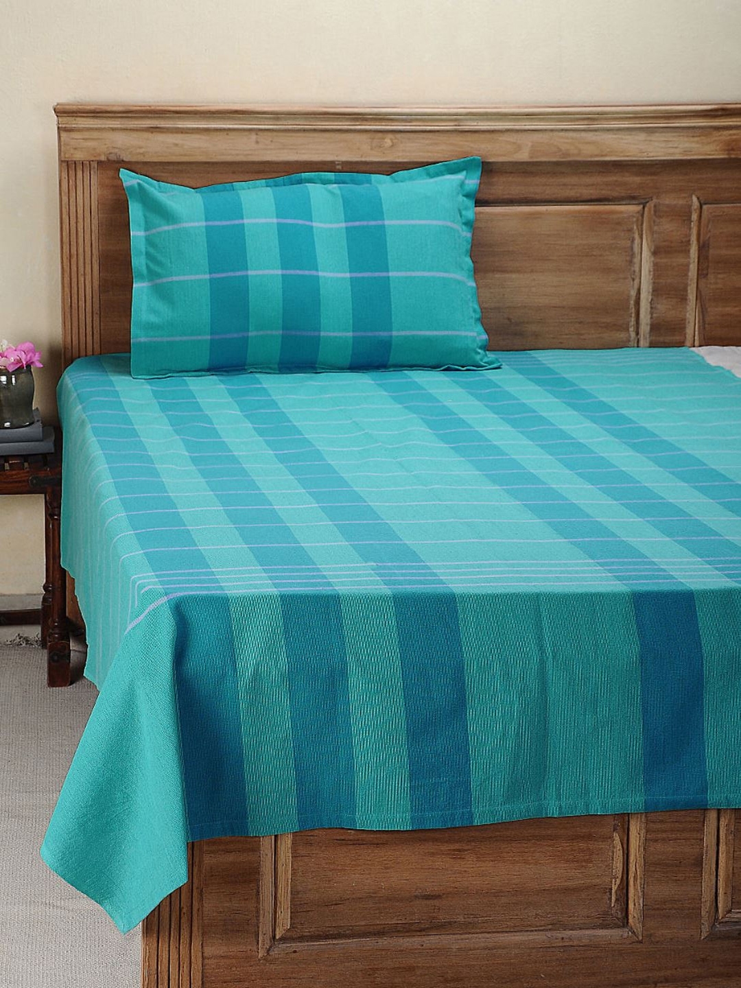 Buy NEUDIS Teal Coloured Hand Woven Cotton Single Bed Cover With 1