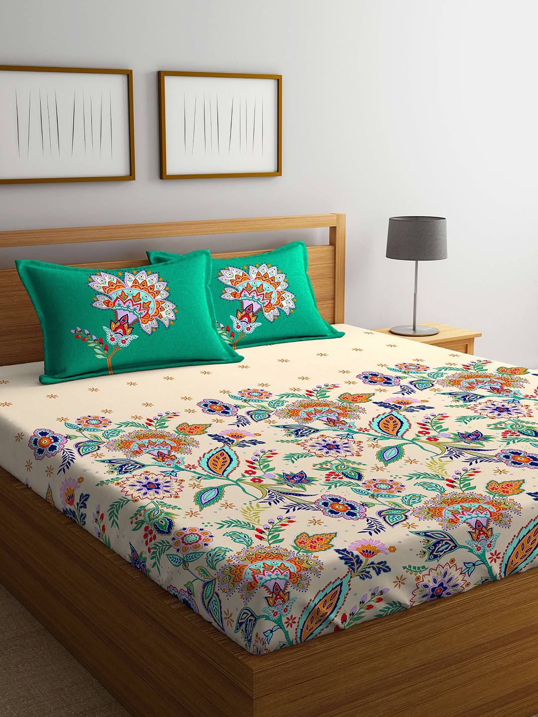 Buy Portico New York Cream Coloured & Green Floral Flat 210 TC Cotton 1