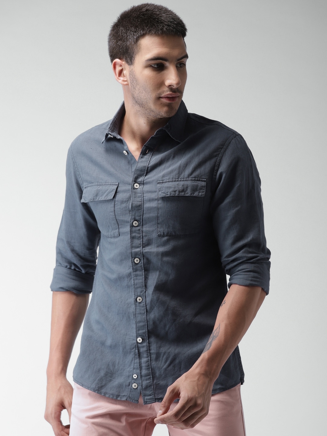 Buy Celio Men Blue Slim Fit Solid Casual Pure Linen Sustainable Shirt ...