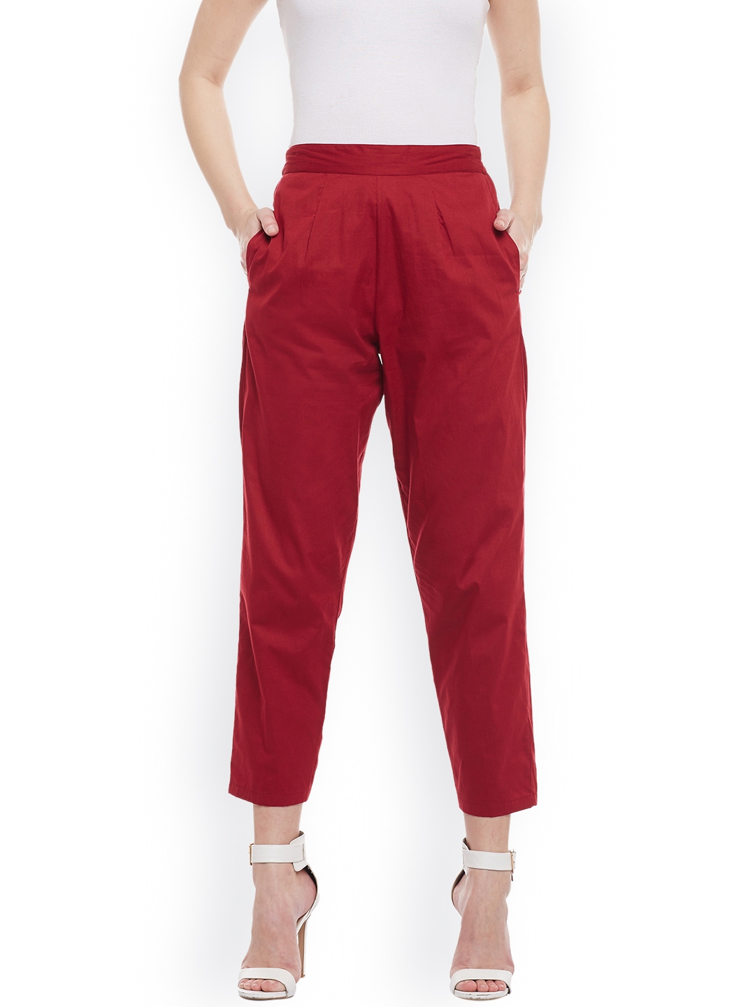 Buy Meee Women Maroon Regular Fit Solid Peg Trousers - Trousers for ...