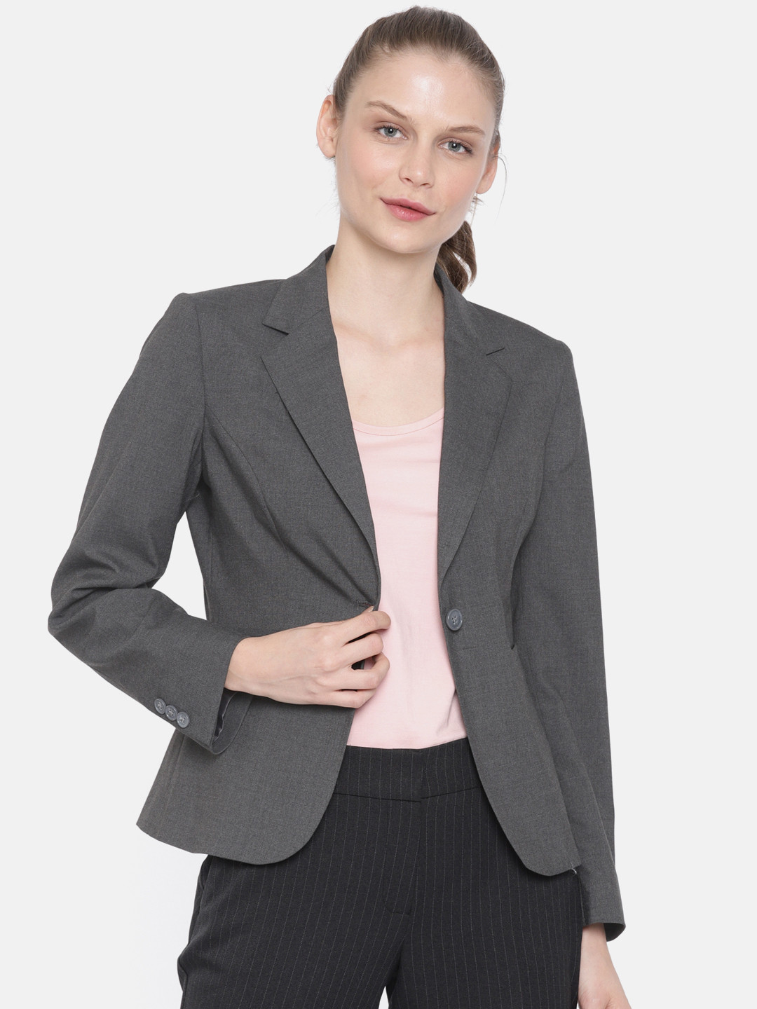 Buy Van Heusen Woman Grey Solid Single Breasted Formal Blazer Blazers