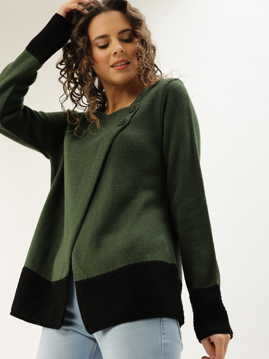 Buy DressBerry Women Olive Green & Black Colourblocked Front Open