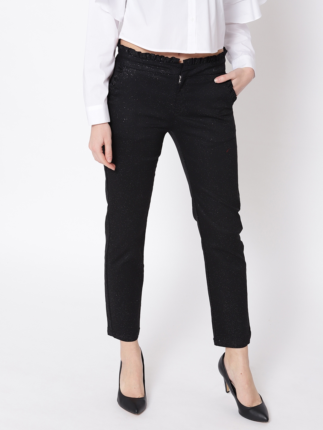 Buy MANGO Women Black Regular Fit Solid Shimmer Trousers - Trousers for ...