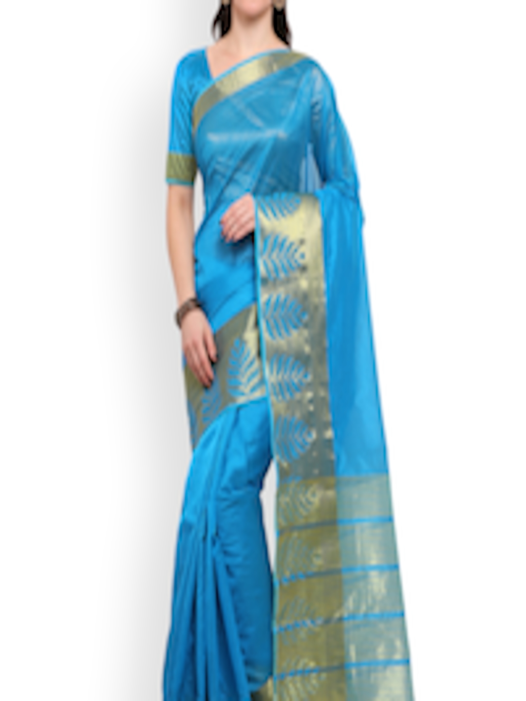 Buy Blissta Women Blue & Gold Toned Silk Blend Woven Design Banarasi ...