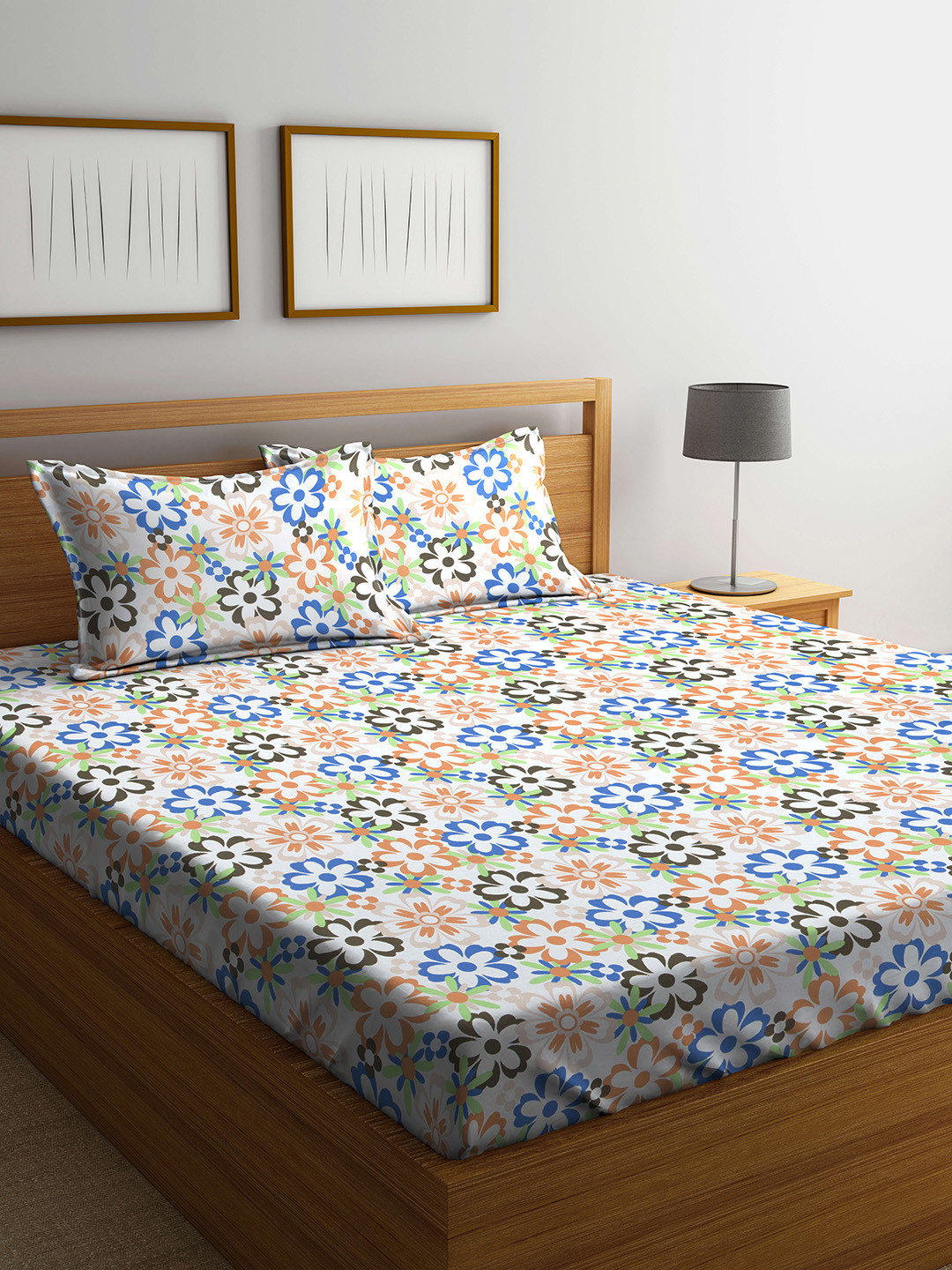 Buy Bombay Dyeing Blue & Orange King Double Bed Sheet With 2 Pillow