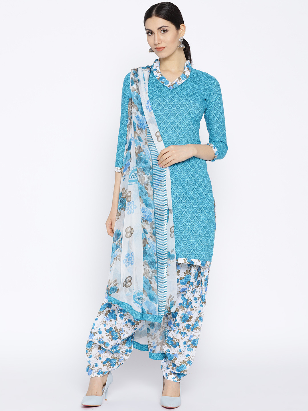 Buy Satrani Blue & White Cotton Blend Unstitched Dress Material Dress Material for Women