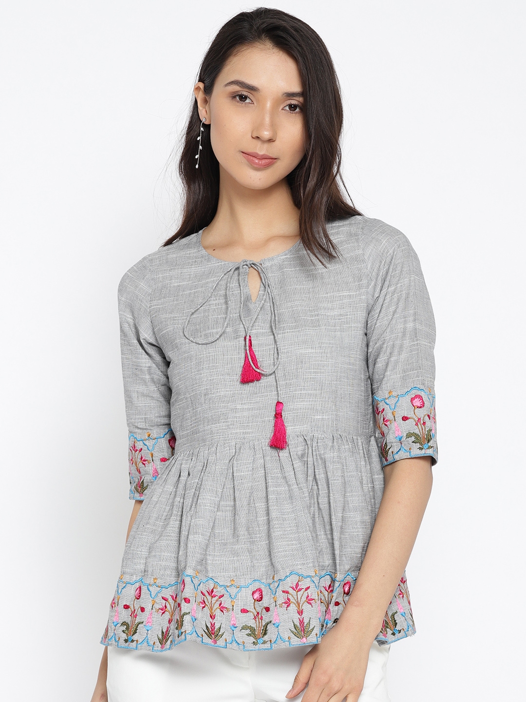 Buy Jaipur Kurti Women Grey Solid A Line Pure Cotton Top - Tops for ...