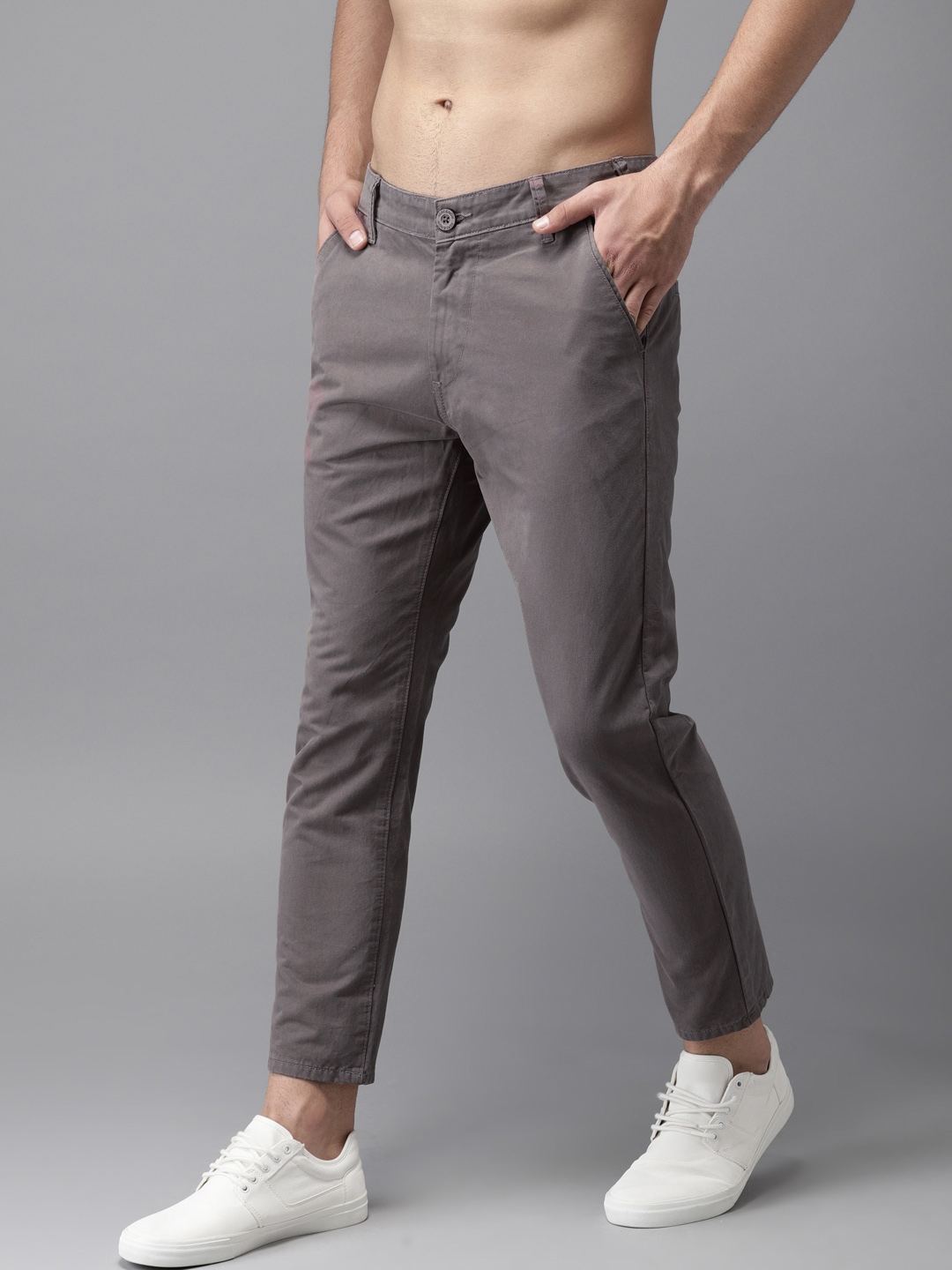 Buy HERE&NOW Men Grey Slim Fit Solid Cropped Chinos - Trousers for Men ...