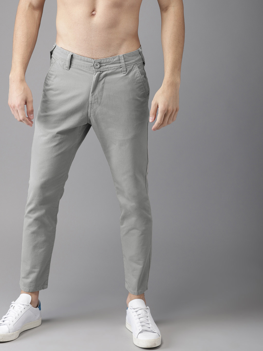 Buy HERE&NOW Men Grey Slim Fit Solid Cropped Chinos - Trousers for Men ...