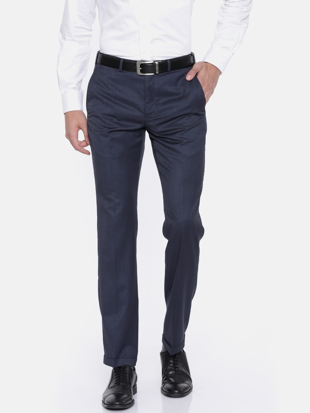 Buy Park Avenue Men Blue Smart Slim Fit Self Design Formal Trousers ...