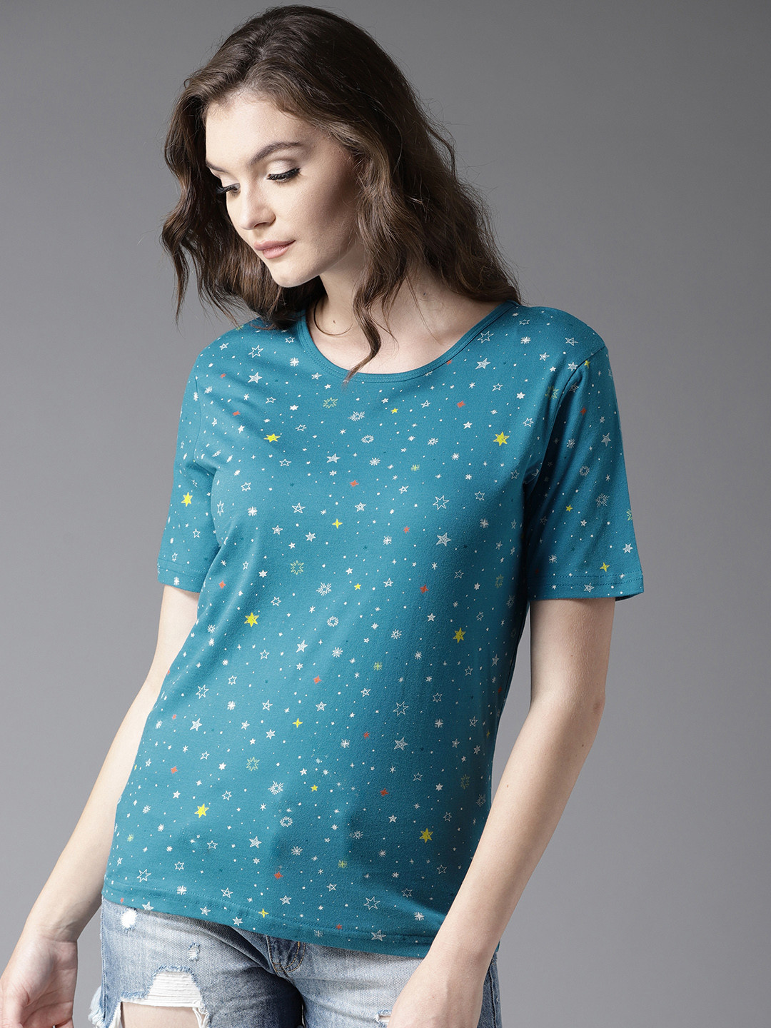 Buy HERE&NOW Women Teal Blue Printed Round Neck T Shirt Tshirts for