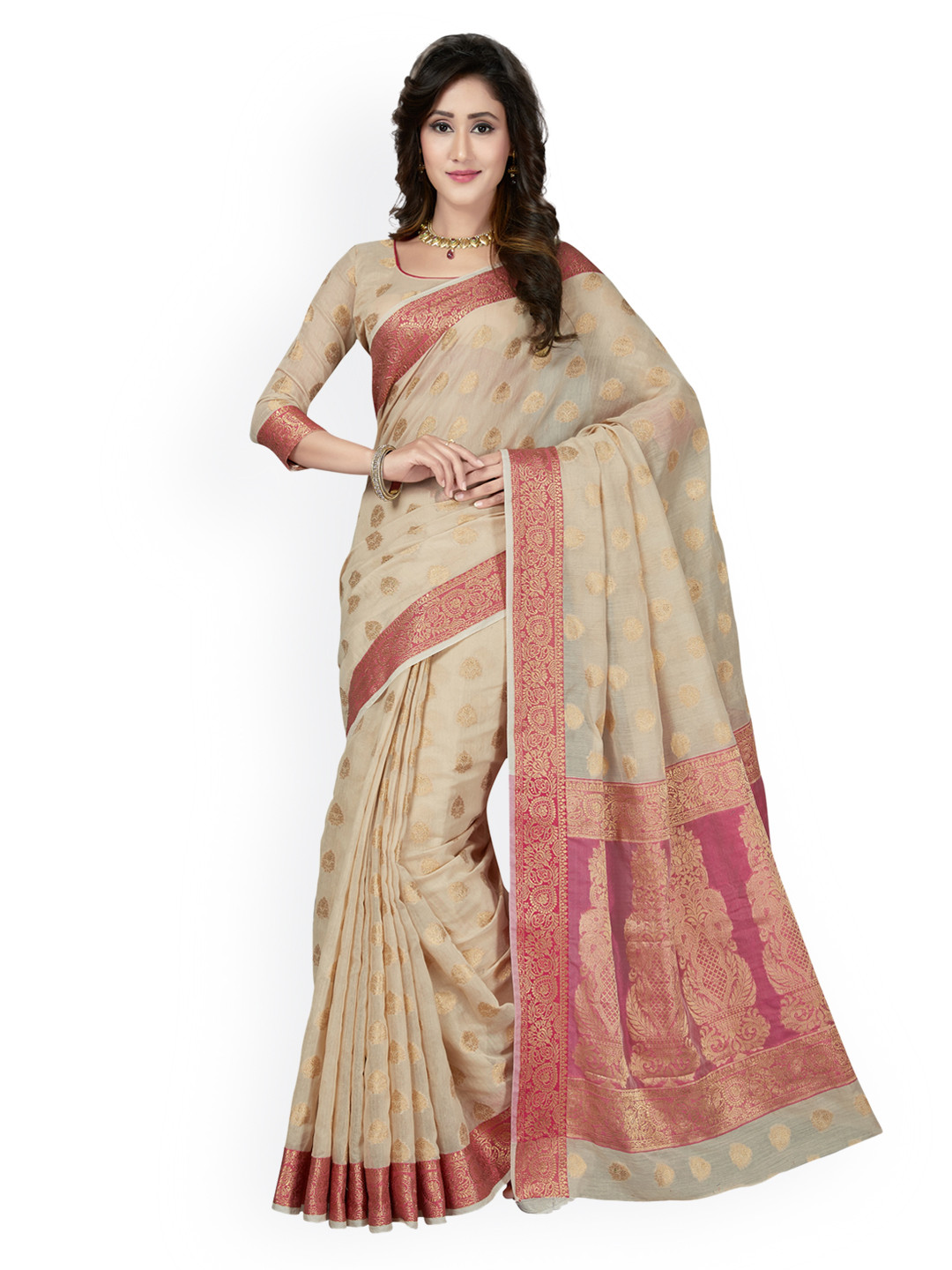 Buy Saree Swarg Cream Coloured Cotton Blend Woven Design Banarasi Saree