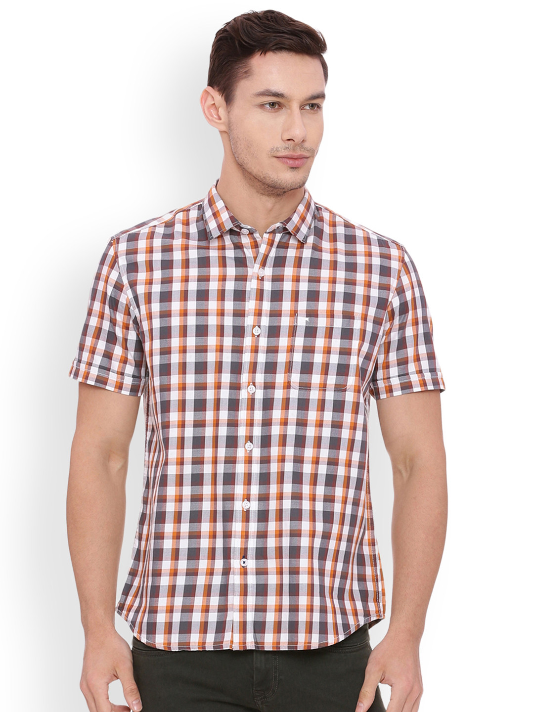 Buy Basics Men Brown & Orange Slim Fit Checked Casual Shirt Shirts