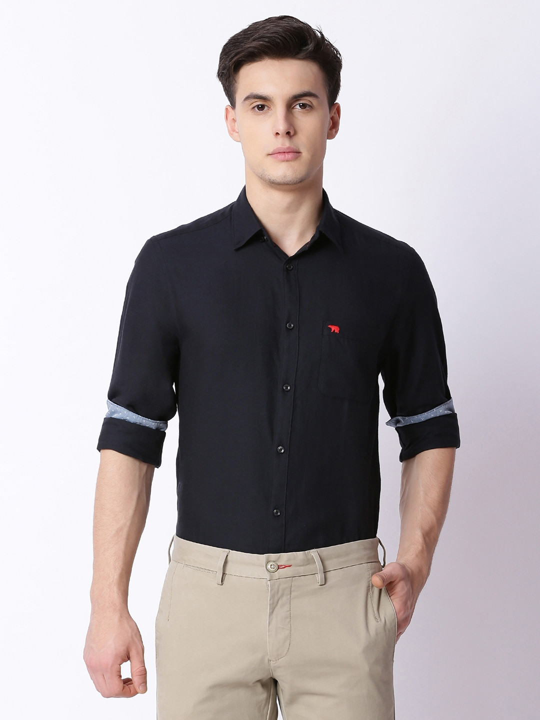 Buy THE BEAR HOUSE Men Navy Blue & Black Slim Fit Solid Casual Shirt ...