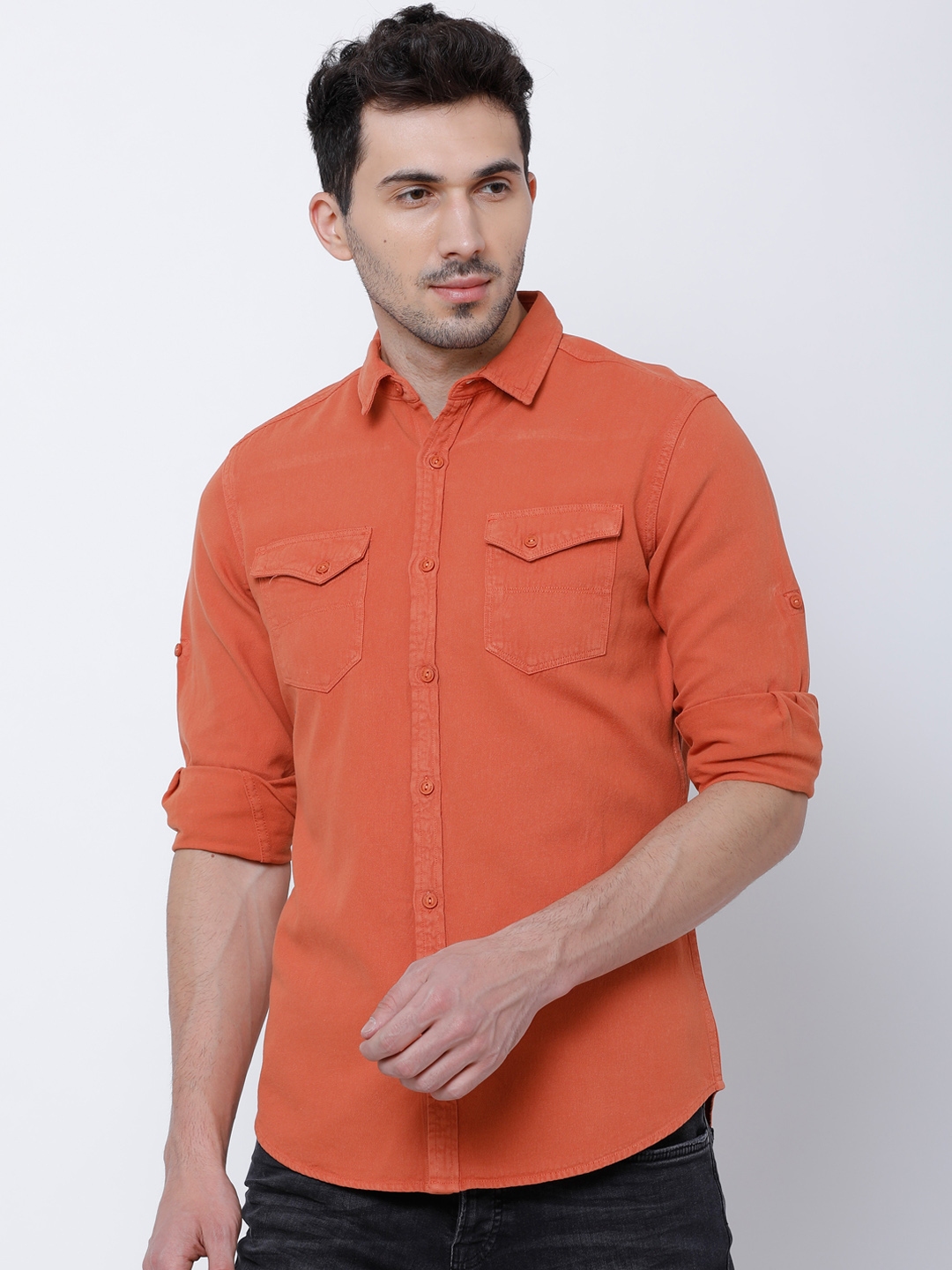 Buy LOCOMOTIVE Men Orange Slim Fit Solid Casual Shirt - Shirts for Men ...