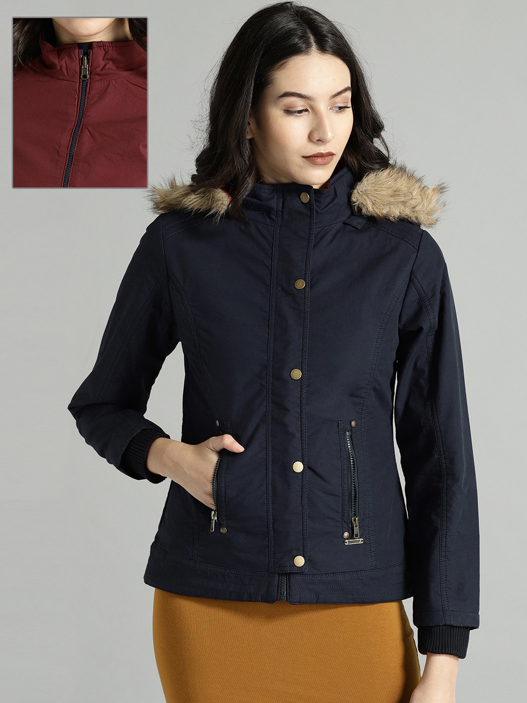Buy Roadster Women Navy Blue Solid Reversible Parka Jackets for Women